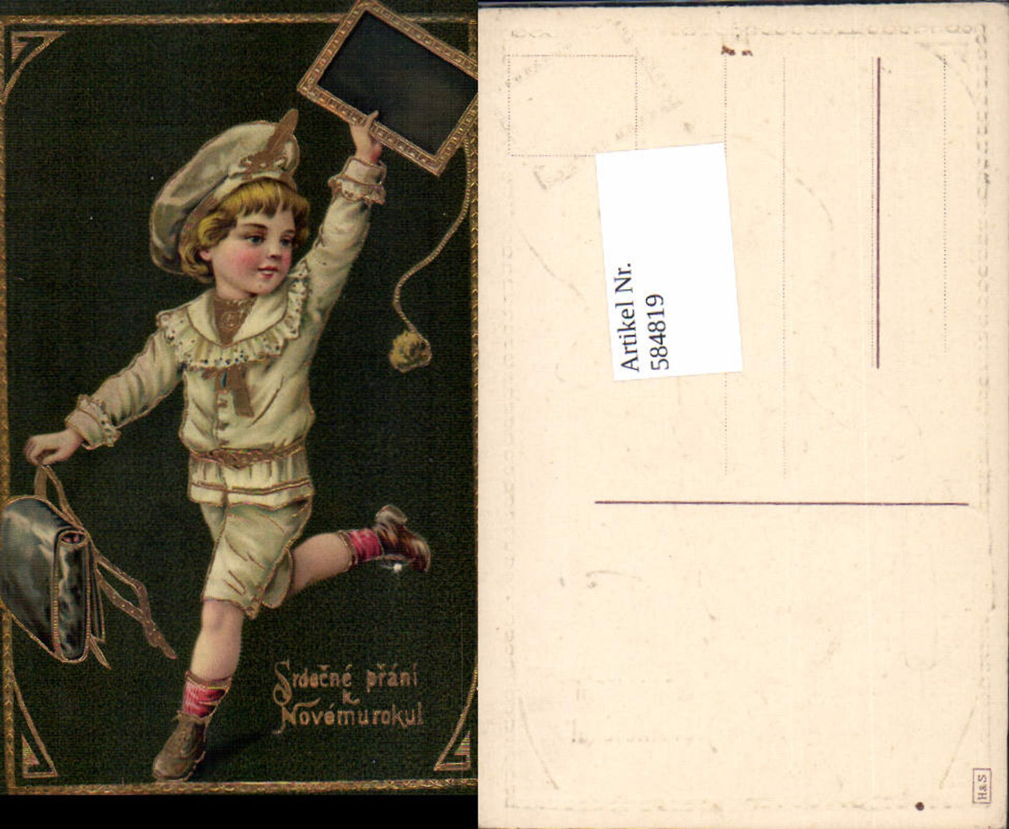 584819,Lithographie Neujahr Junge Tasche Goldverzierung