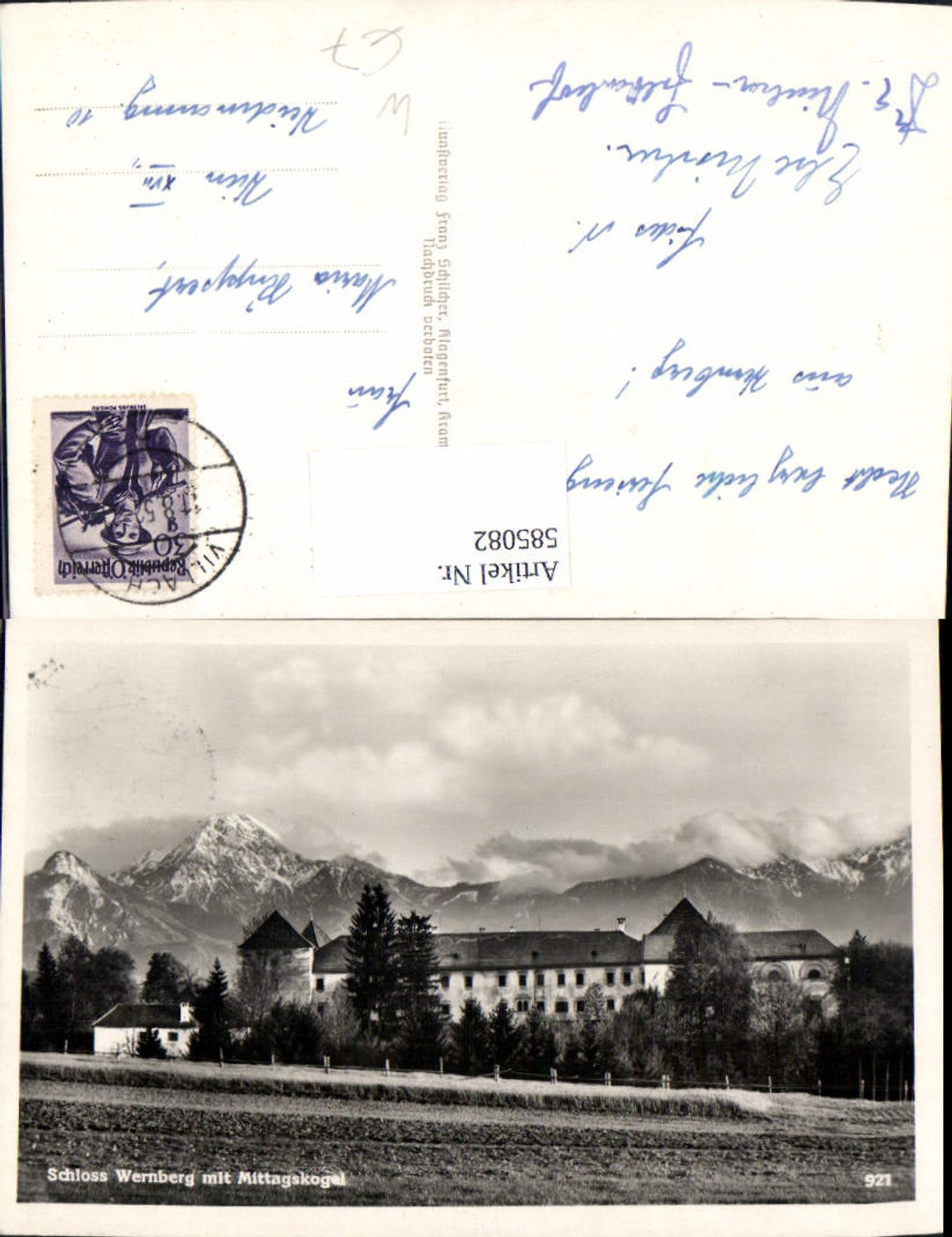 585082,Foto Ak Schloss Wernberg m. Mittagskogel Villach