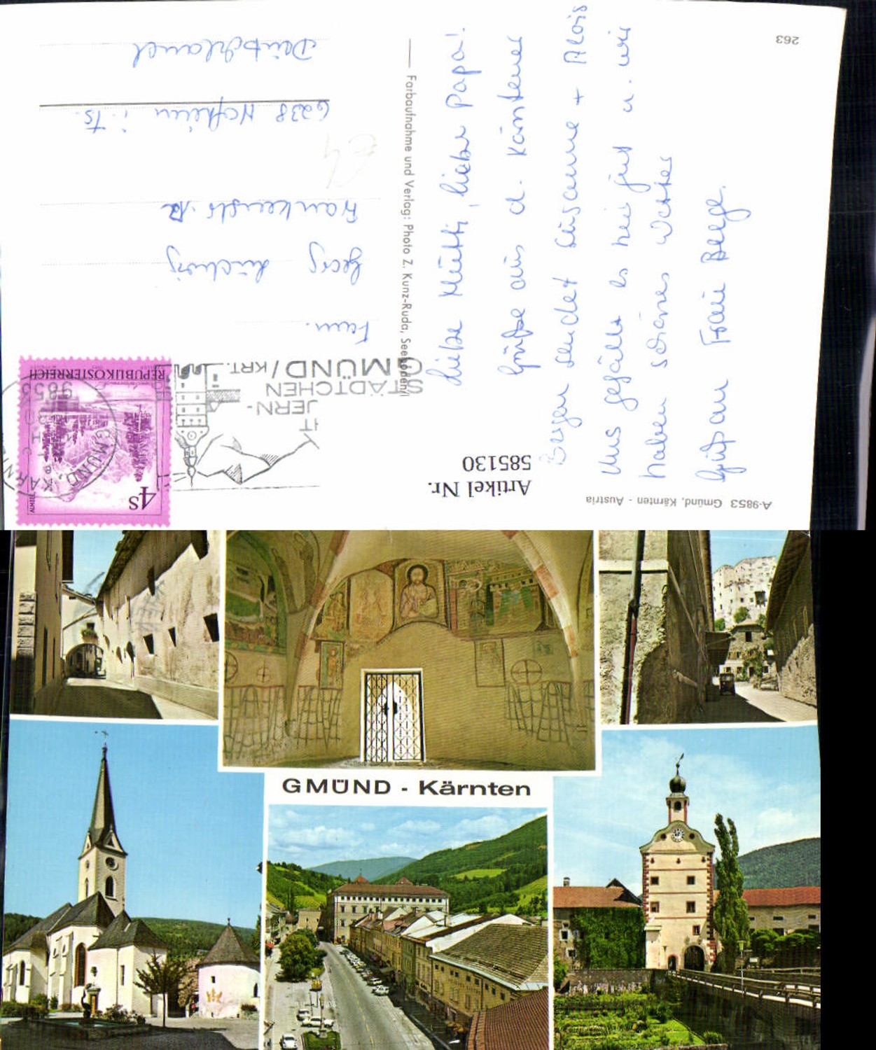 585130,Multi-image postcard of Gmünd in Carinthia, views of the church, alley, and old castle