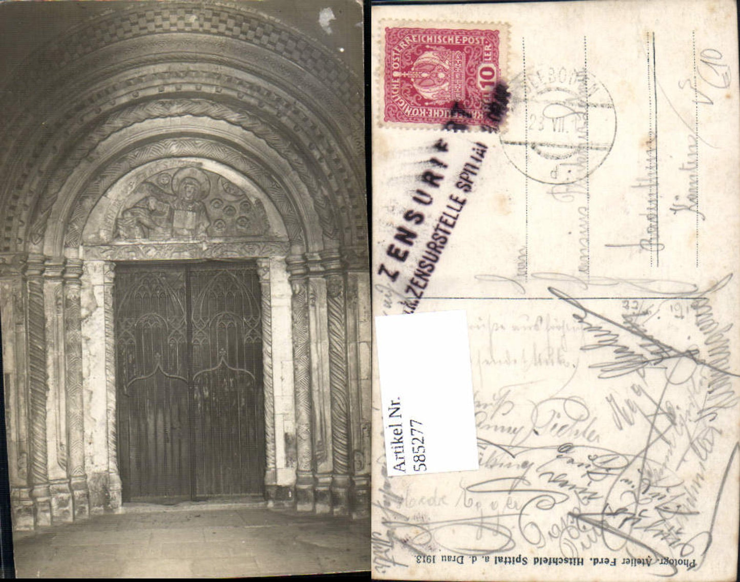 585277,Foto Ak Millstatt am See Portal Kirche Detailansicht pub Ferd. Hitschfeld Stempel Zensuriert