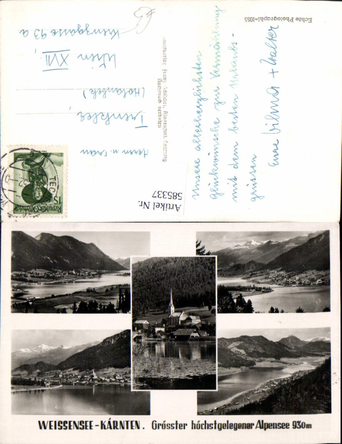 585337, Multi-image postcard Weißensee views church shore Techendorf