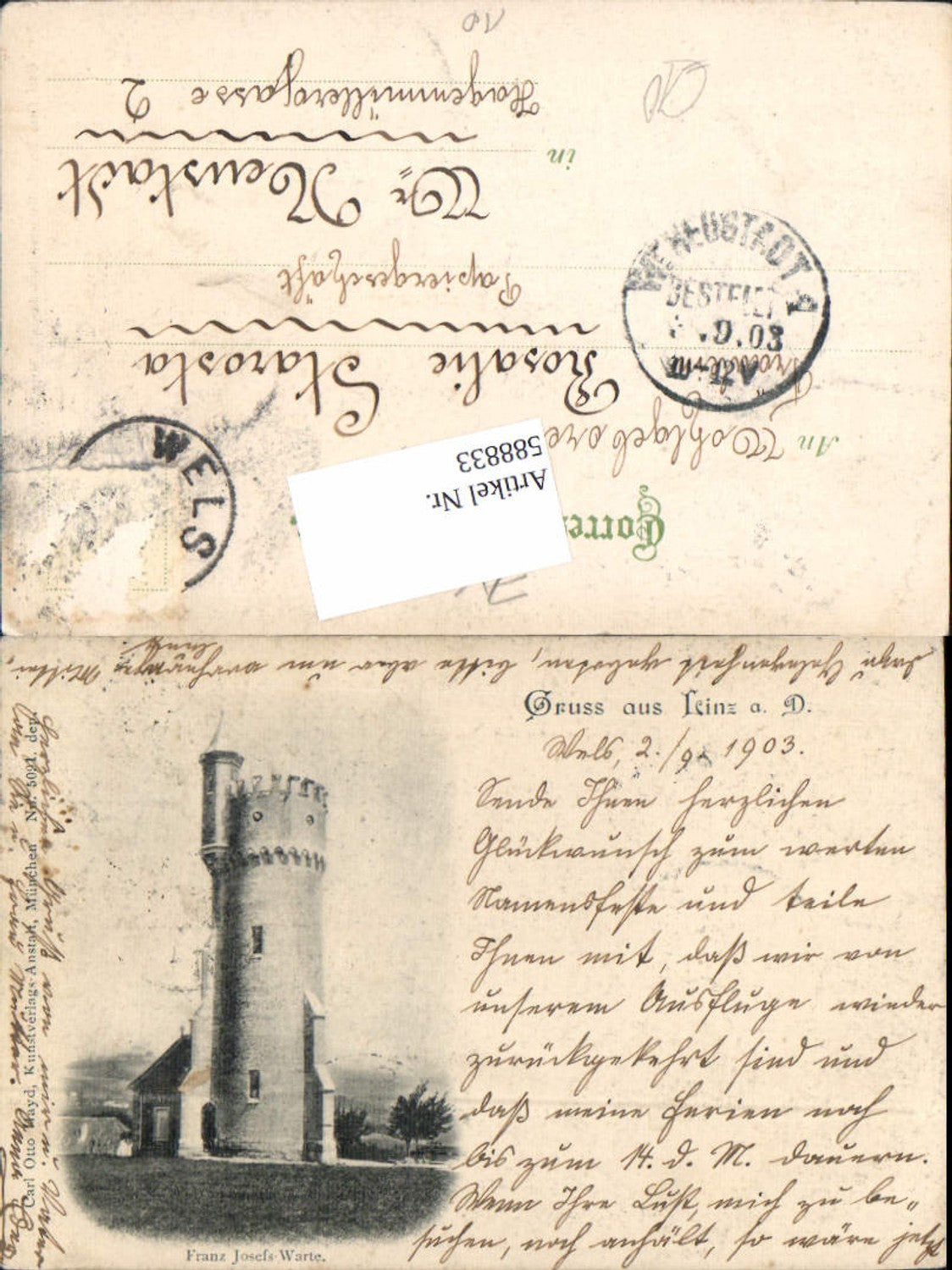 588833,Gruss aus Linz an der Donau Aussichtsturm Franz Josefs Warte Freinberg pub Carl Otto Hayd