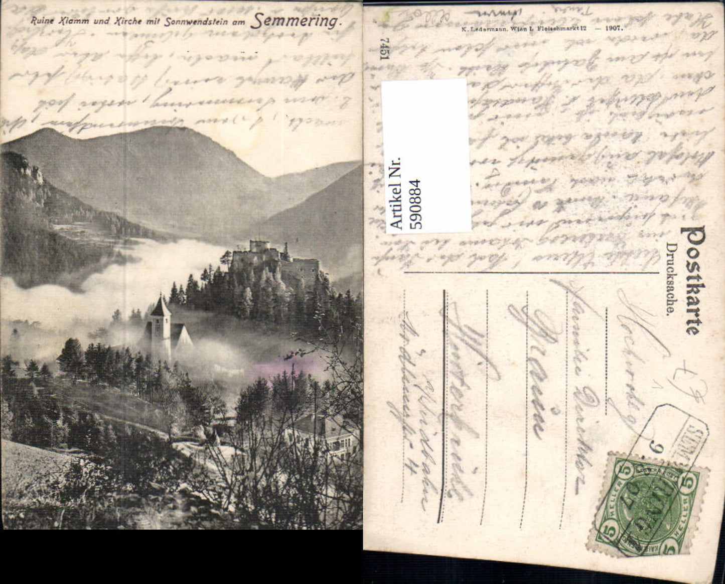 590884,Semmering Ruine Klamm u. Kirche m. Sonnwendstein pub Ledermann 7451