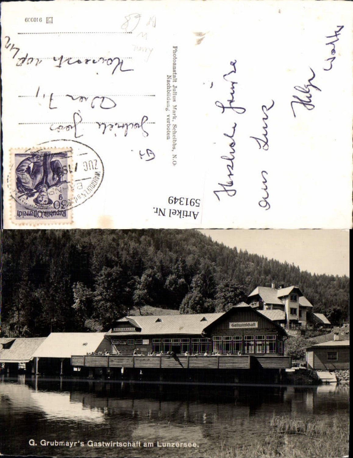 591349,Foto Ak Lunz a. See Lunzersee G. Grubmayrs Gastwirtschaft Ufer Bahnpost Zug 199 Waidhofen a. d. Ybbs