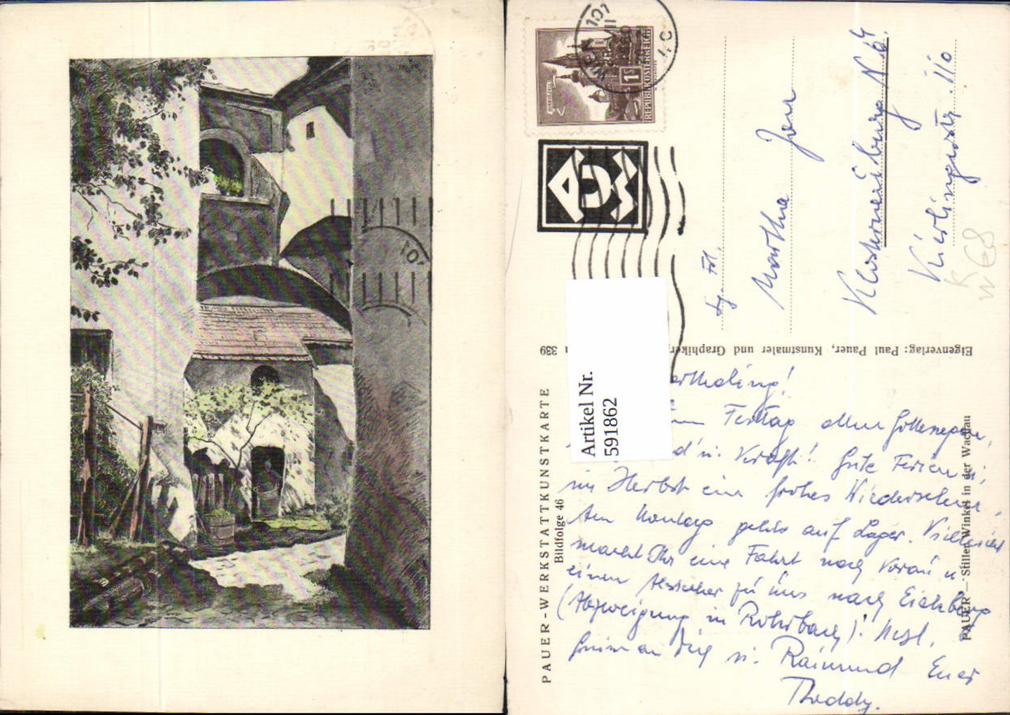 591862,Künstler AK Pauer Werkstattkunstkarte 46 Wachau Dürnstein Stiller Winkel