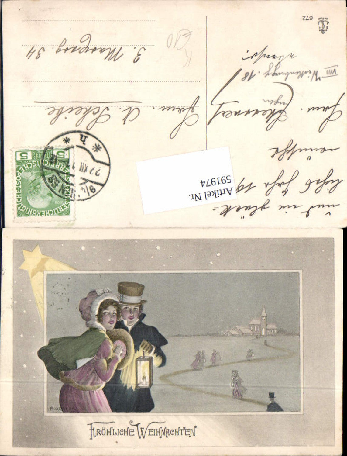 591974,tolle Künstler AK R. Kratky Neujahr Jugendstil Laterne Art Deco Stern Muff