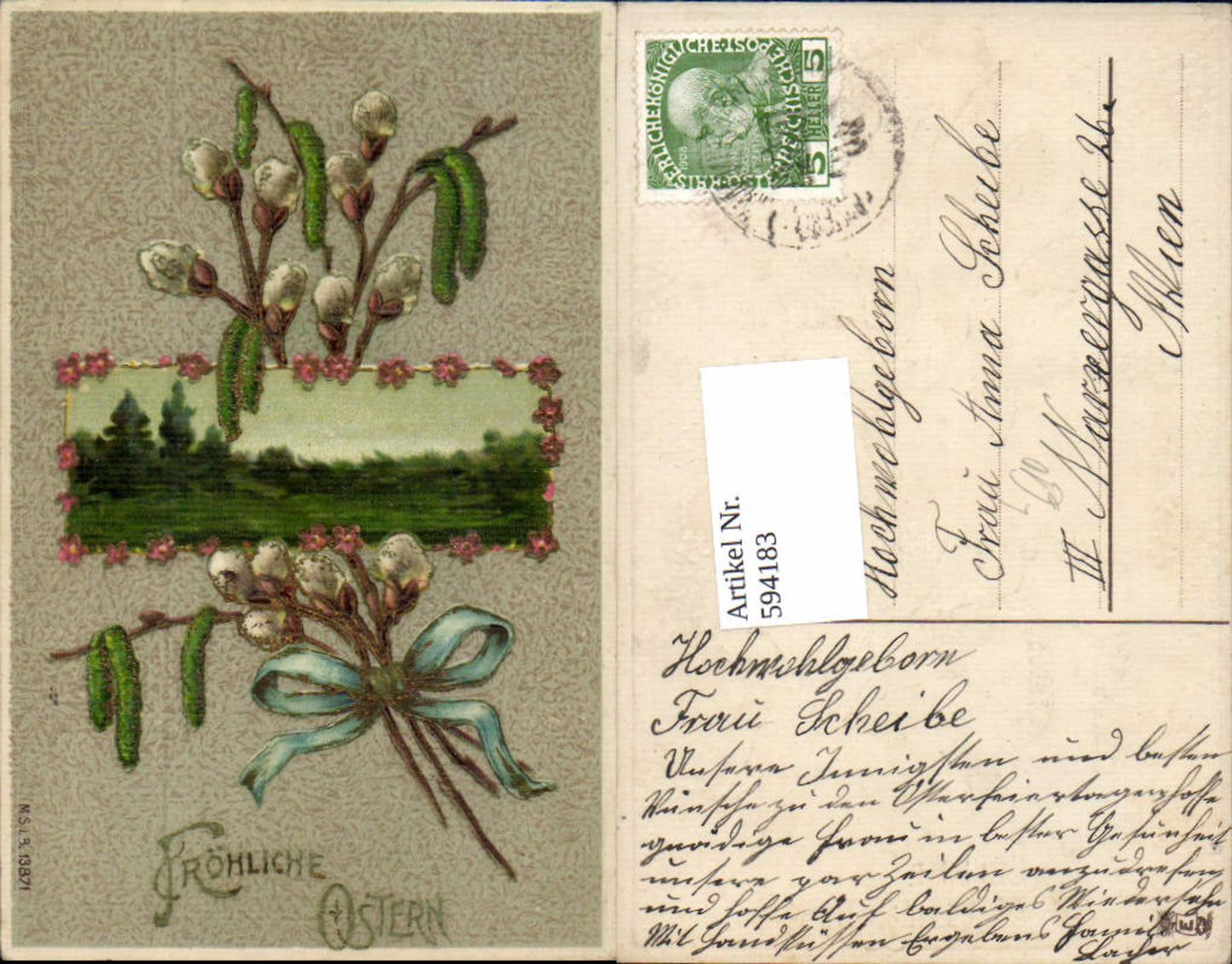 594183, Easter embossed lithograph pussy willow railway post train 260 chamber Attersee Vöcklabruck