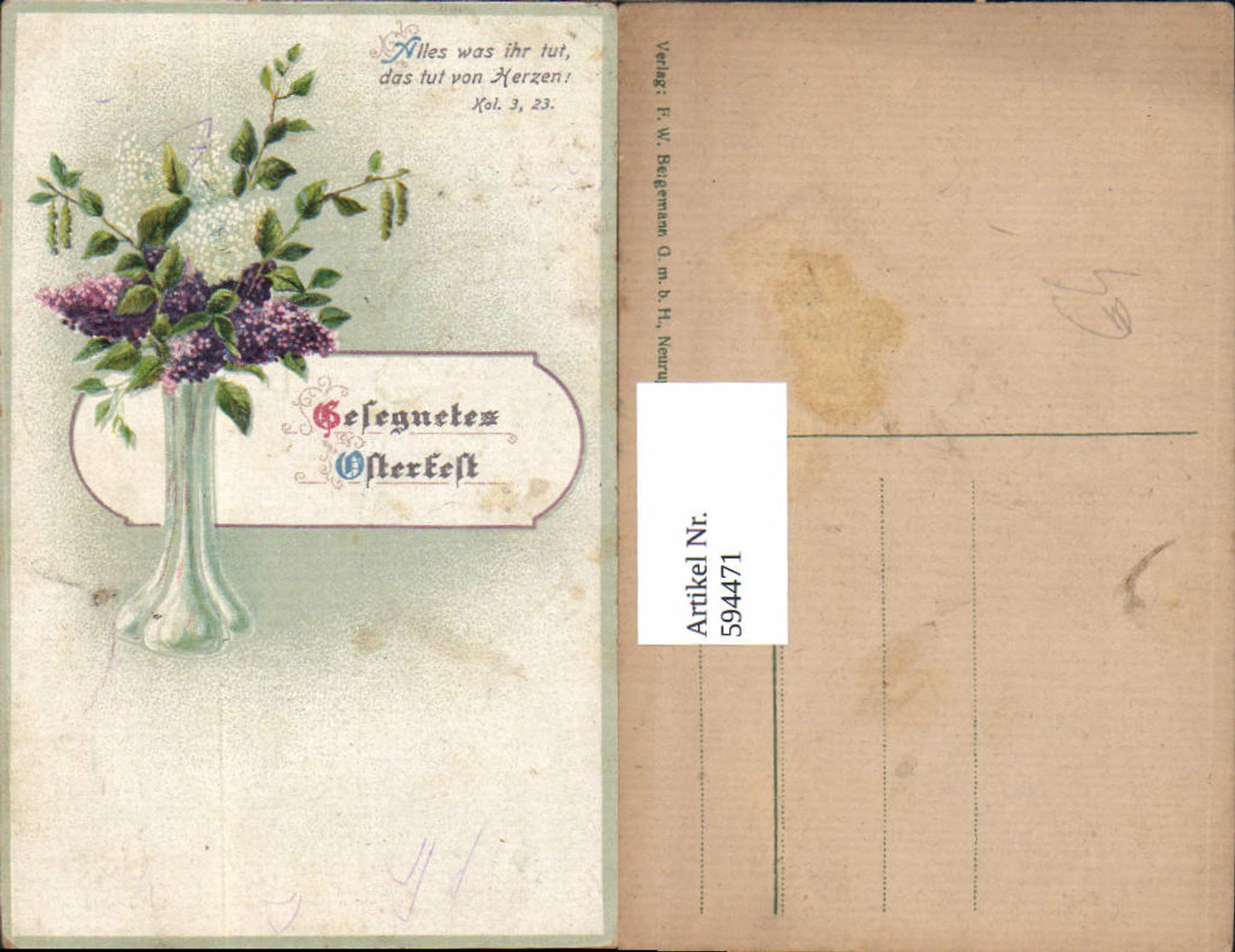594471,Ostern Flieder Blumen i. Vase Spruch Text