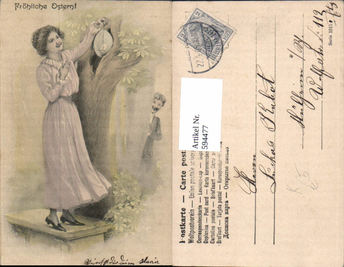 594477,Künstler Ak Ostern Frau Osterei Baum Liebe Brief