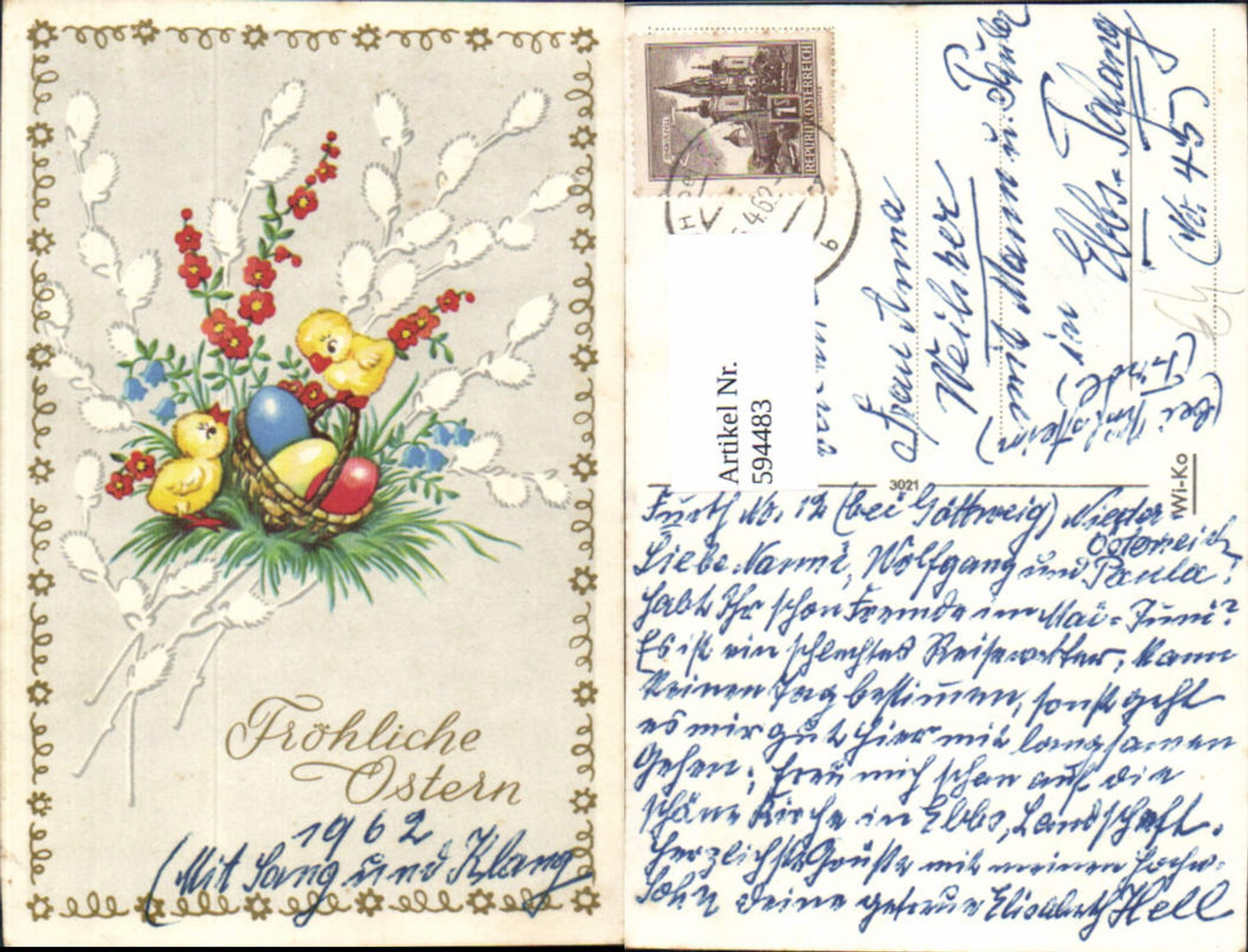 594483,Ostern Küken Korb m. Ostereier Blumen Palmkätzchen Zweige
