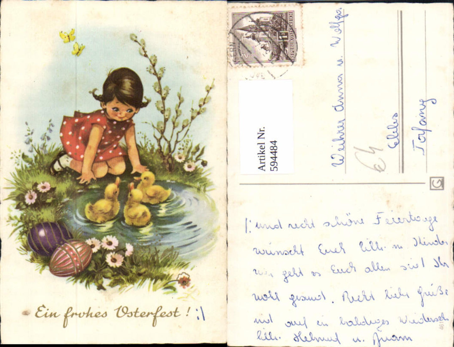 594484,Ostern Mädchen m. Küken Ostereier Schmetterling