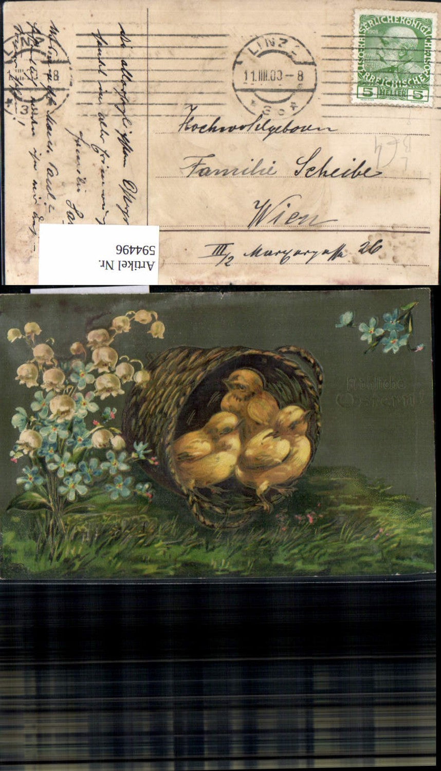 594496,Präge Litho Ostern Korb m. Küken Blumen Vergissmeinnicht