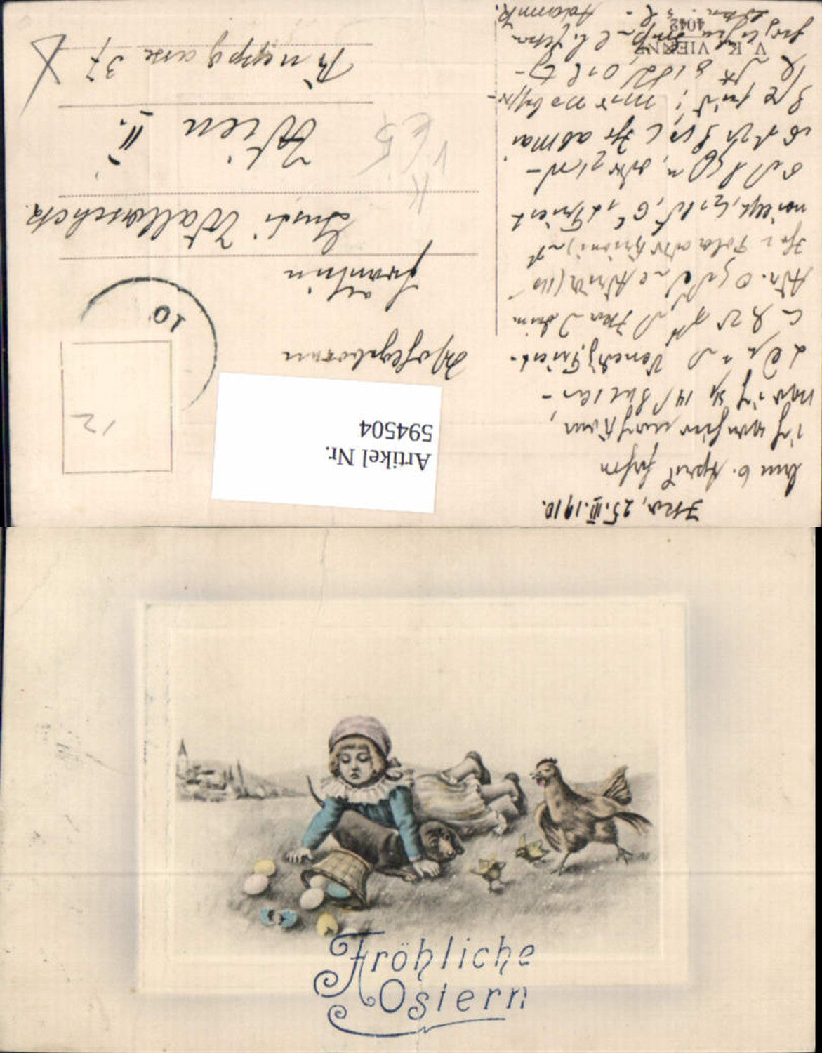 594504, Easter Child with Dog Dachshund Rooster Chicken Basket Easter Eggs Embossed Passepartout pub Vienne 4042