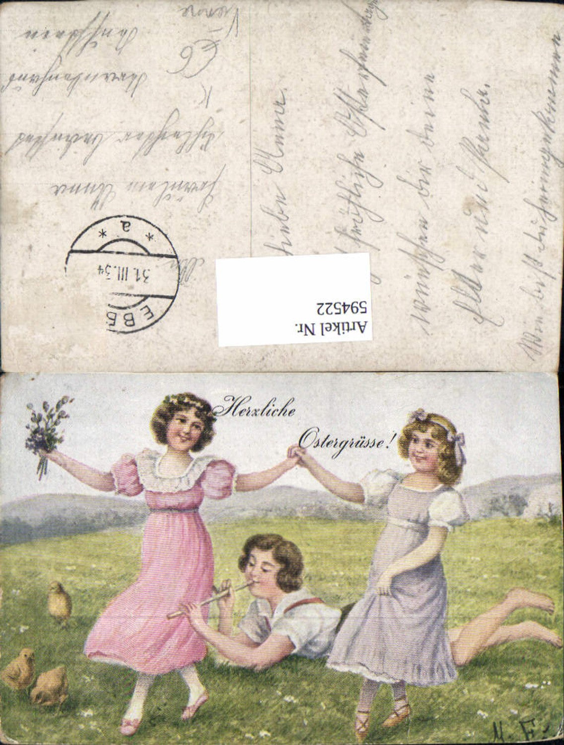 594522, Artist Ak MF Easter Girl Dancing Boy with Flute Chick