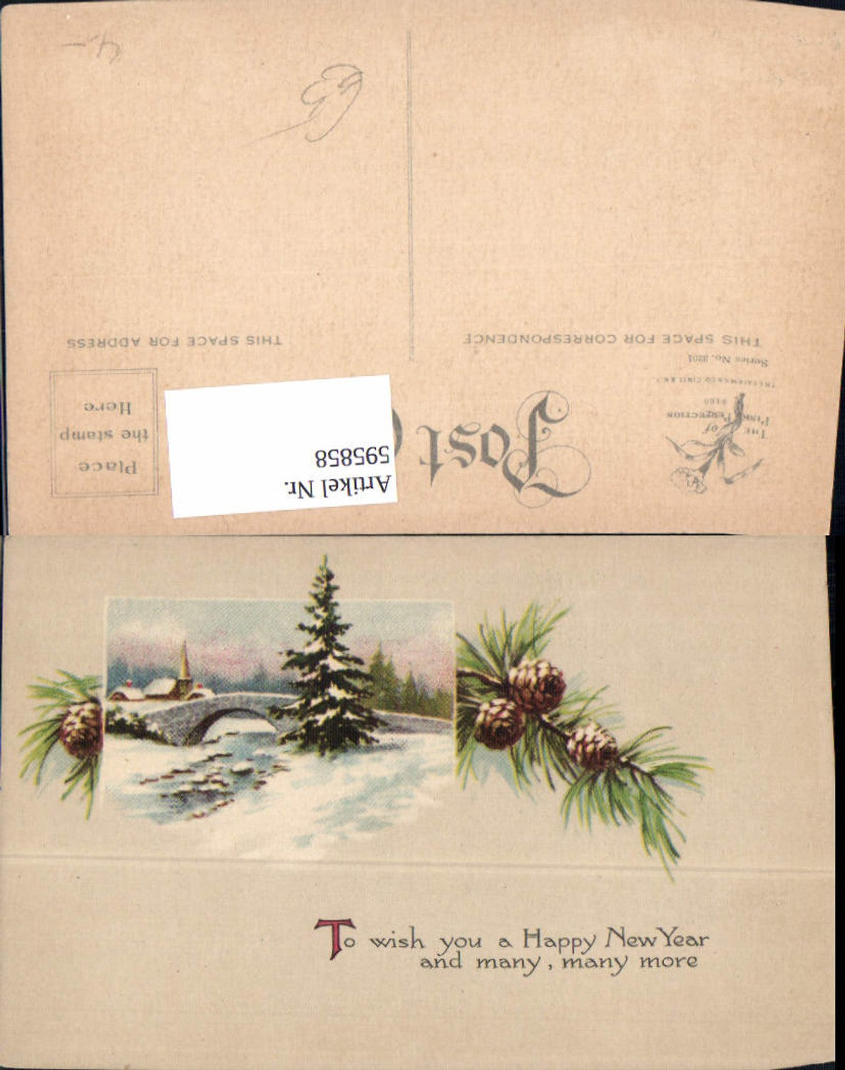 595858,Künstler Ak Neujahr Winterlandschaft Kirche Brücke Kiefernzweig Zapfen
