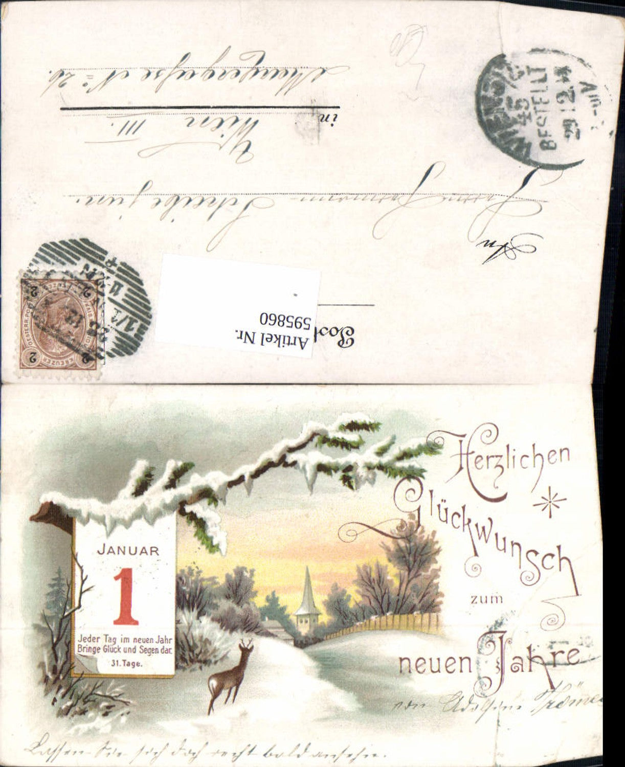 595860,Litho Neujahr Januar 1 Kalenderblatt Winterlandschaft Reh Wild