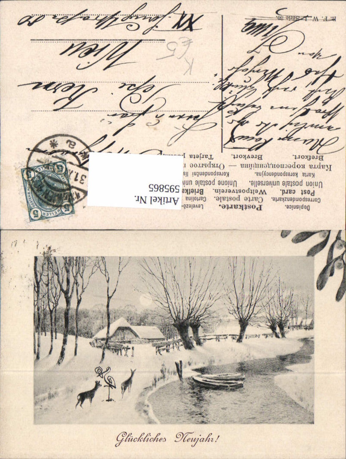 595865,Künstler Ak Neujahr Winterlandschaft Boote Rehe Wild