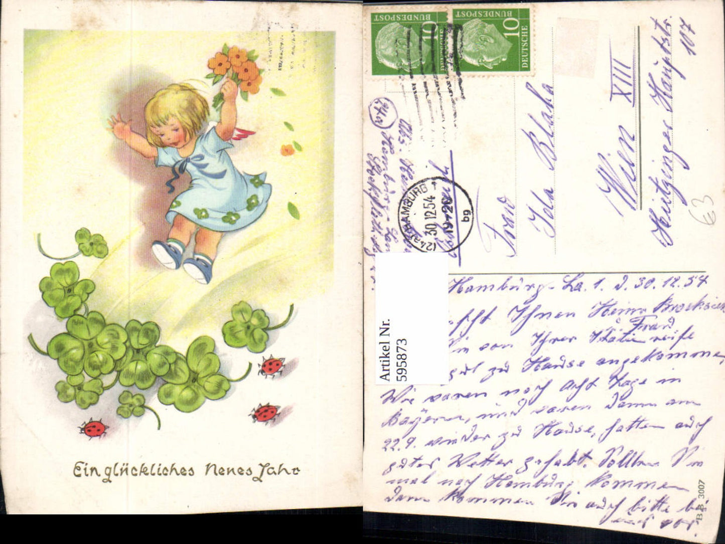 595873,Künstler Ak Neujahr Mädchen Klee Kleeblätter Marienkäfer Blumen