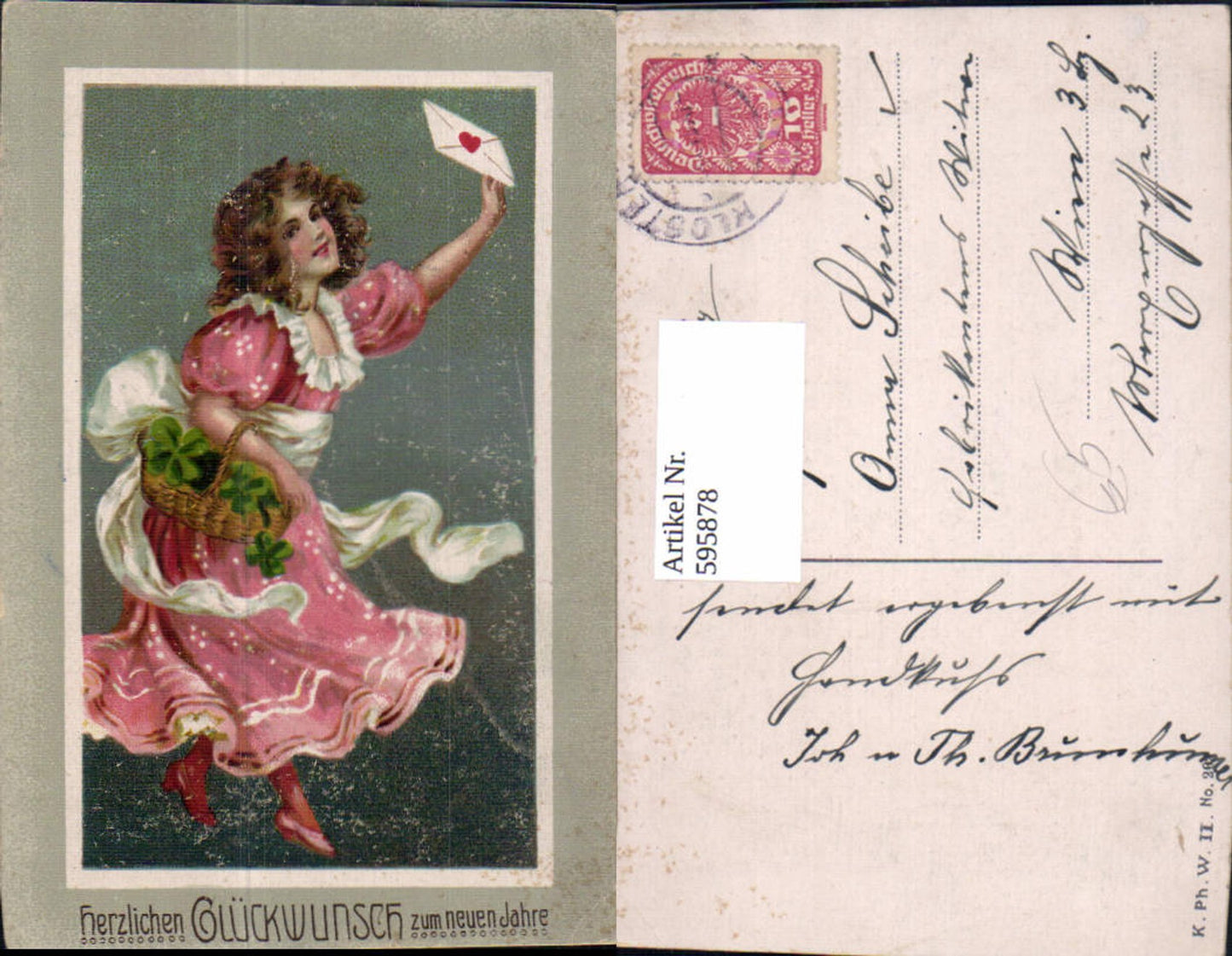 595878,Neujahr Mädchen Korb Brief Kuvert Klee Kleeblätter