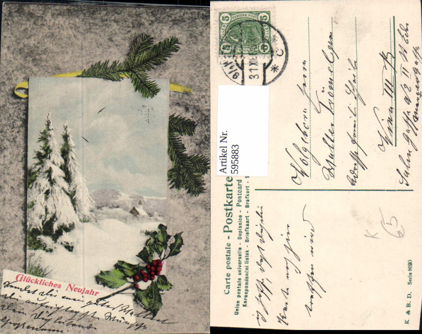 595883,Künstler Ak Neujahr Winterlandschaft Steckpalme Tannenzweig Schleife Passepartout