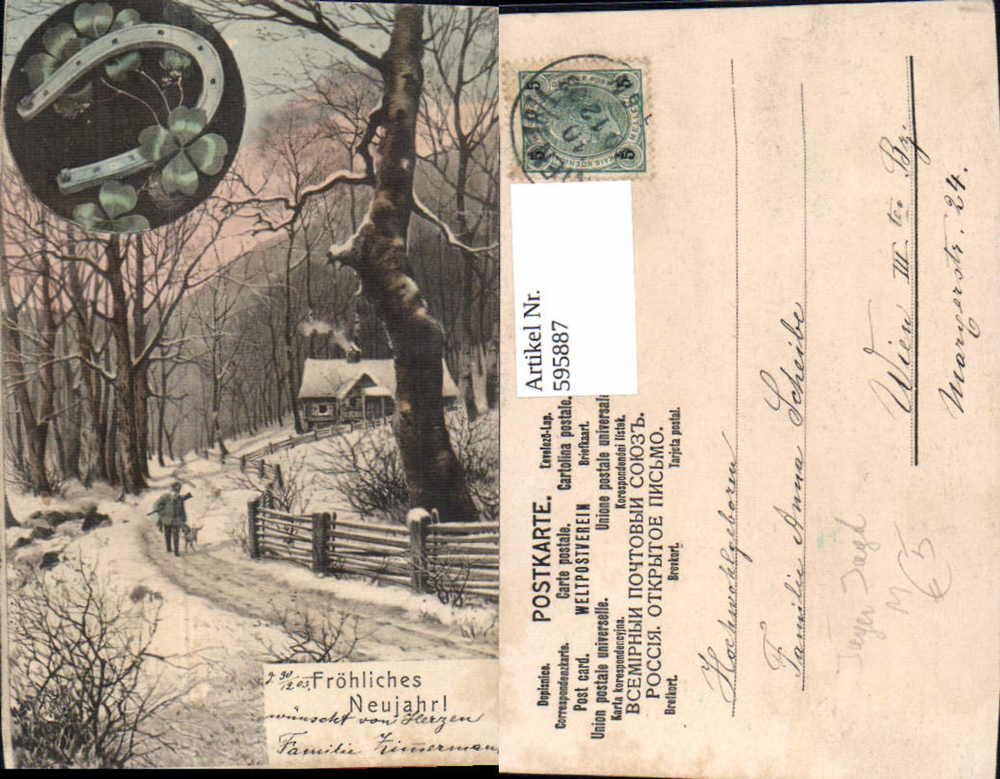 595887,Neujahr Jäger Jagd Winterlandschaft Hund Hufeisen Klee Kleeblatt