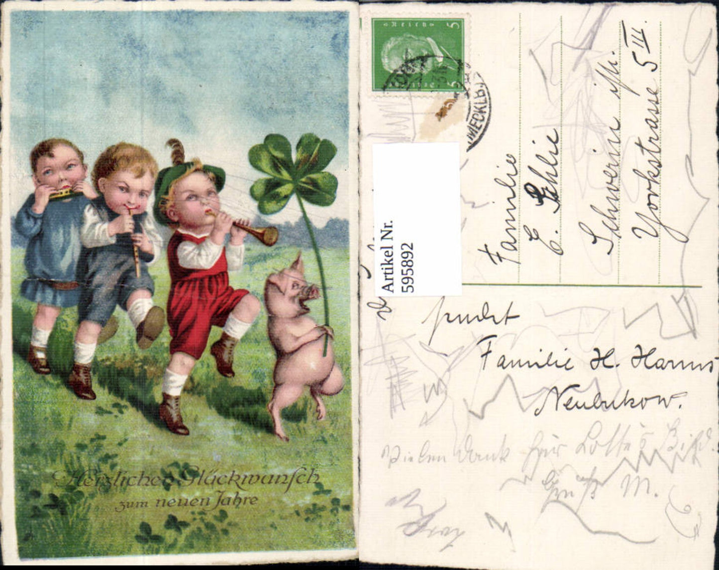 595892,Künstler Ak Neujahr Kinder musizieren Schwein m. Klee Kleeblatt