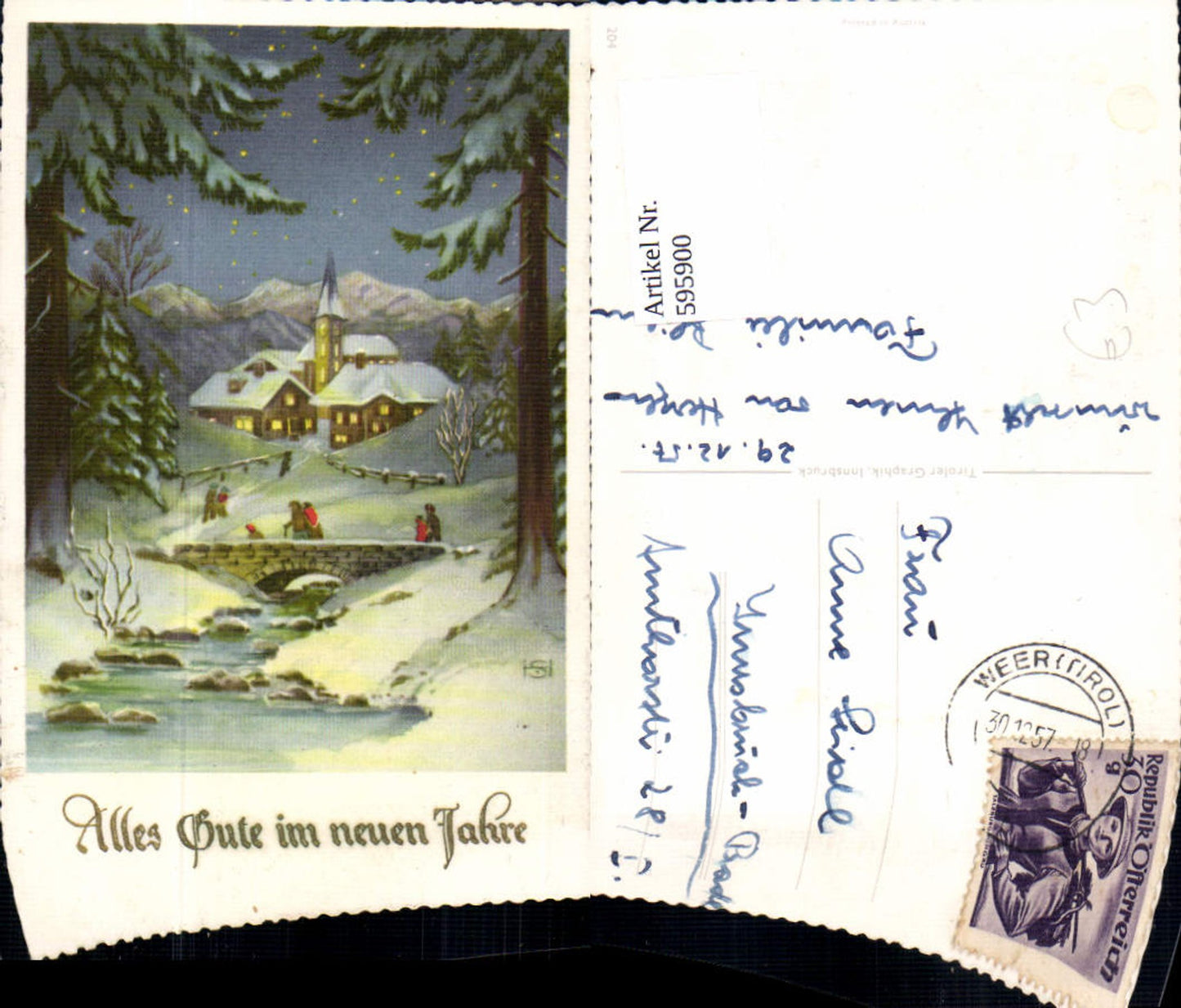 595900,Künstler Ak Winterdorf b. Nacht Neujahr