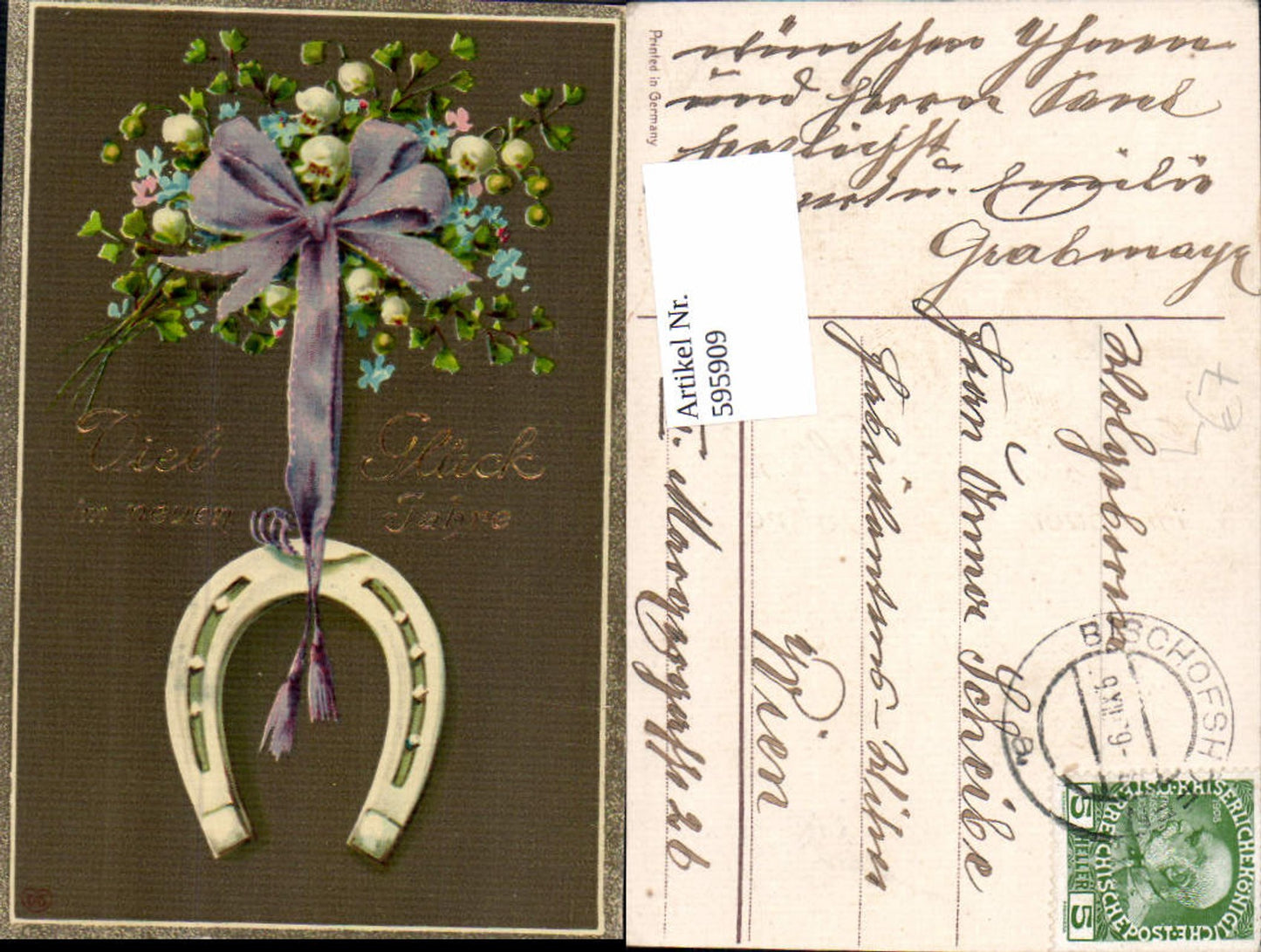 595909,Litho Neujahr Hufeisen Blumen Vergissmeinnicht Schleife