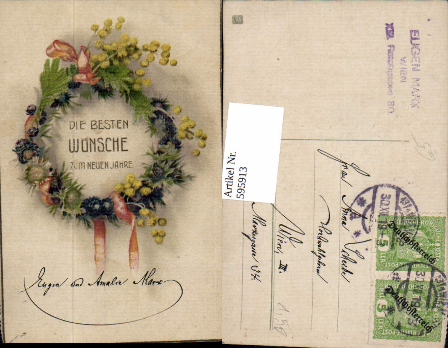 595913,Neujahr Kranz a. Blumen Tannzweige Schleife