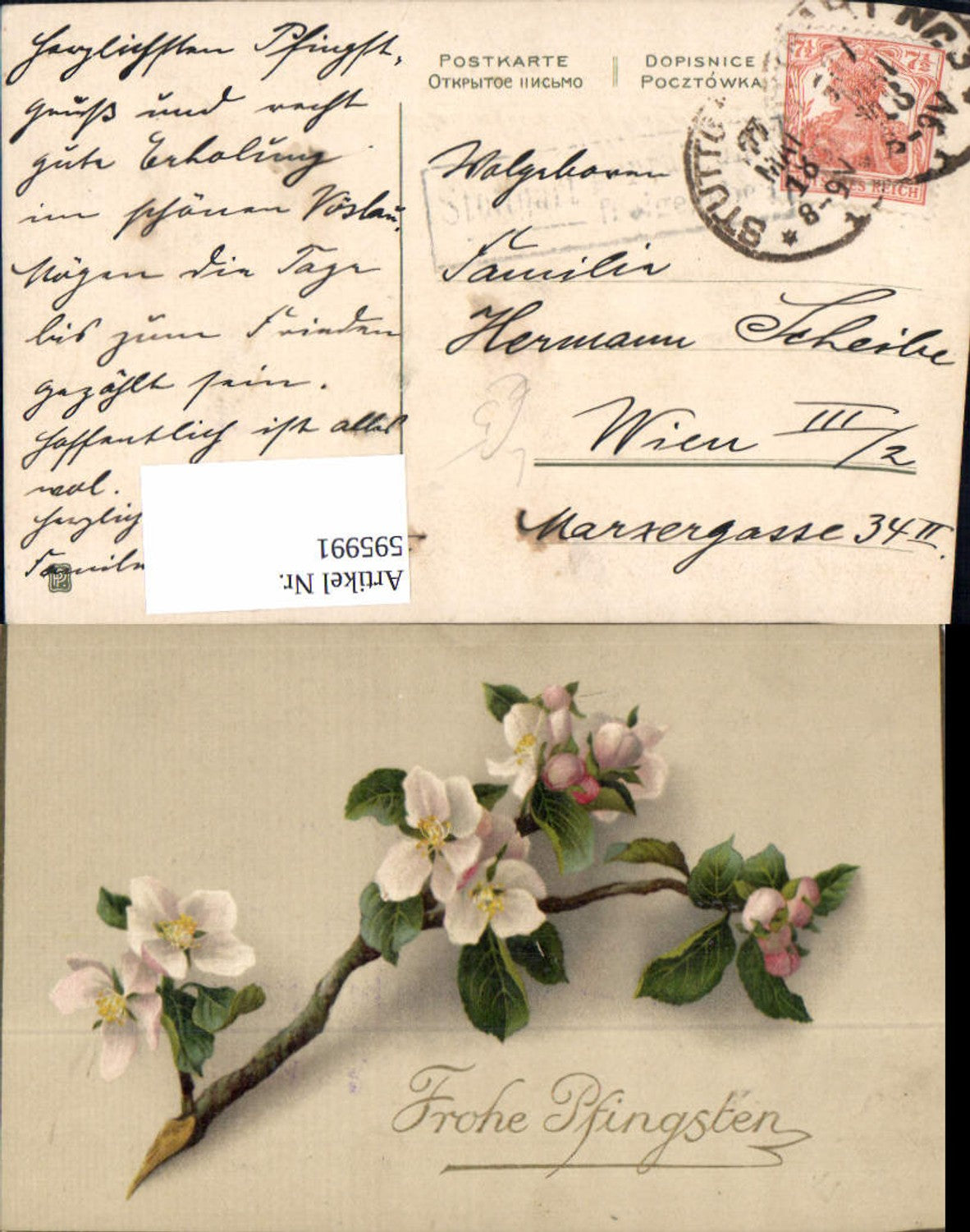 595991,Litho Pfingsten Blütenzweig Goldschrift