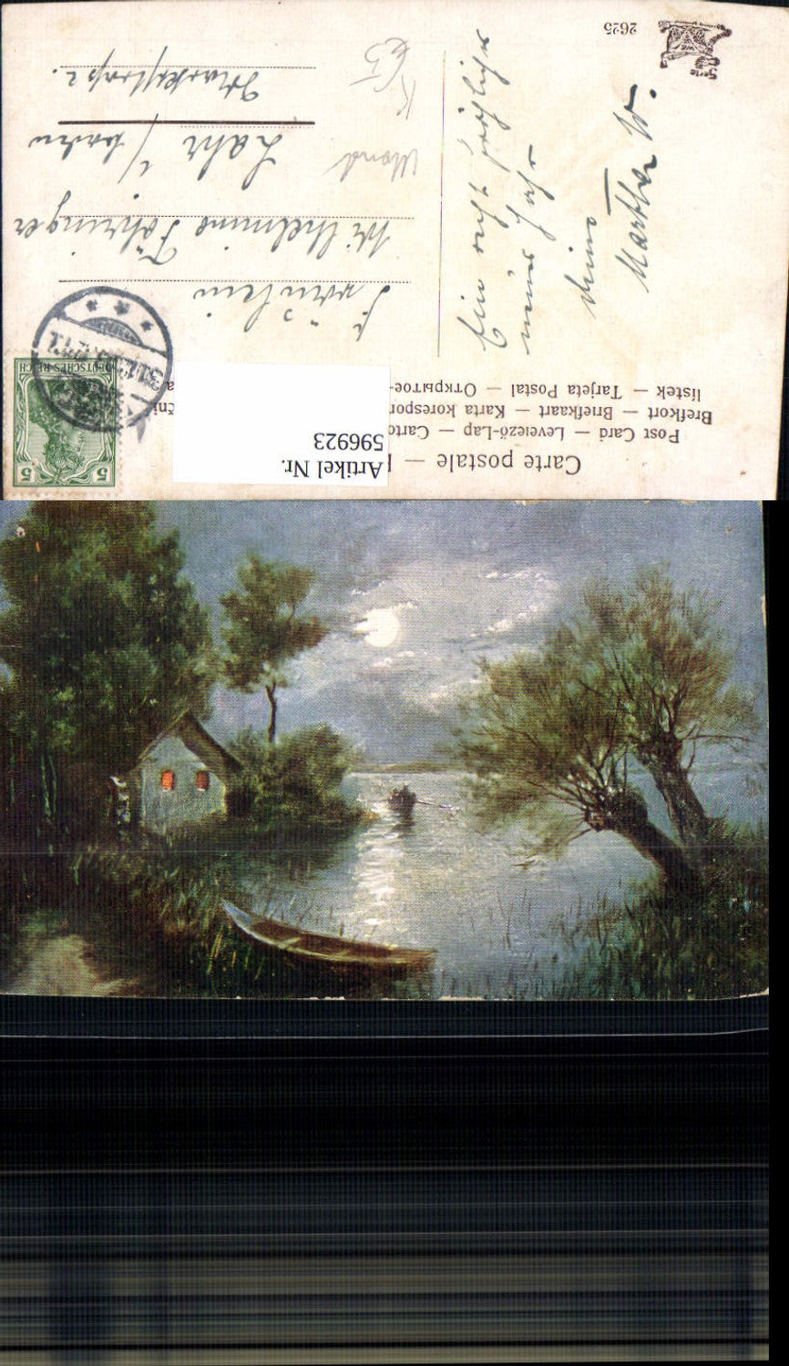 596923,Künstler Ak Ruderboot Boot Wassermühle b. Mondschein Mond