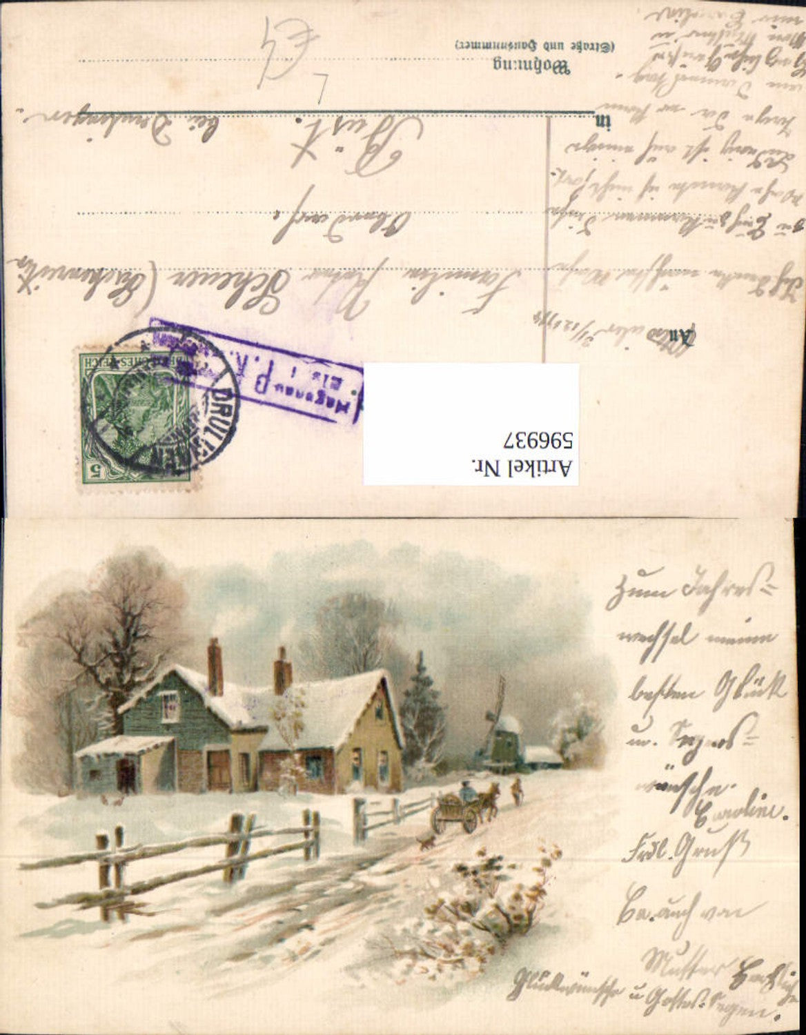 596937,Künstler Litho Haus Kutsche Winterlandschaft