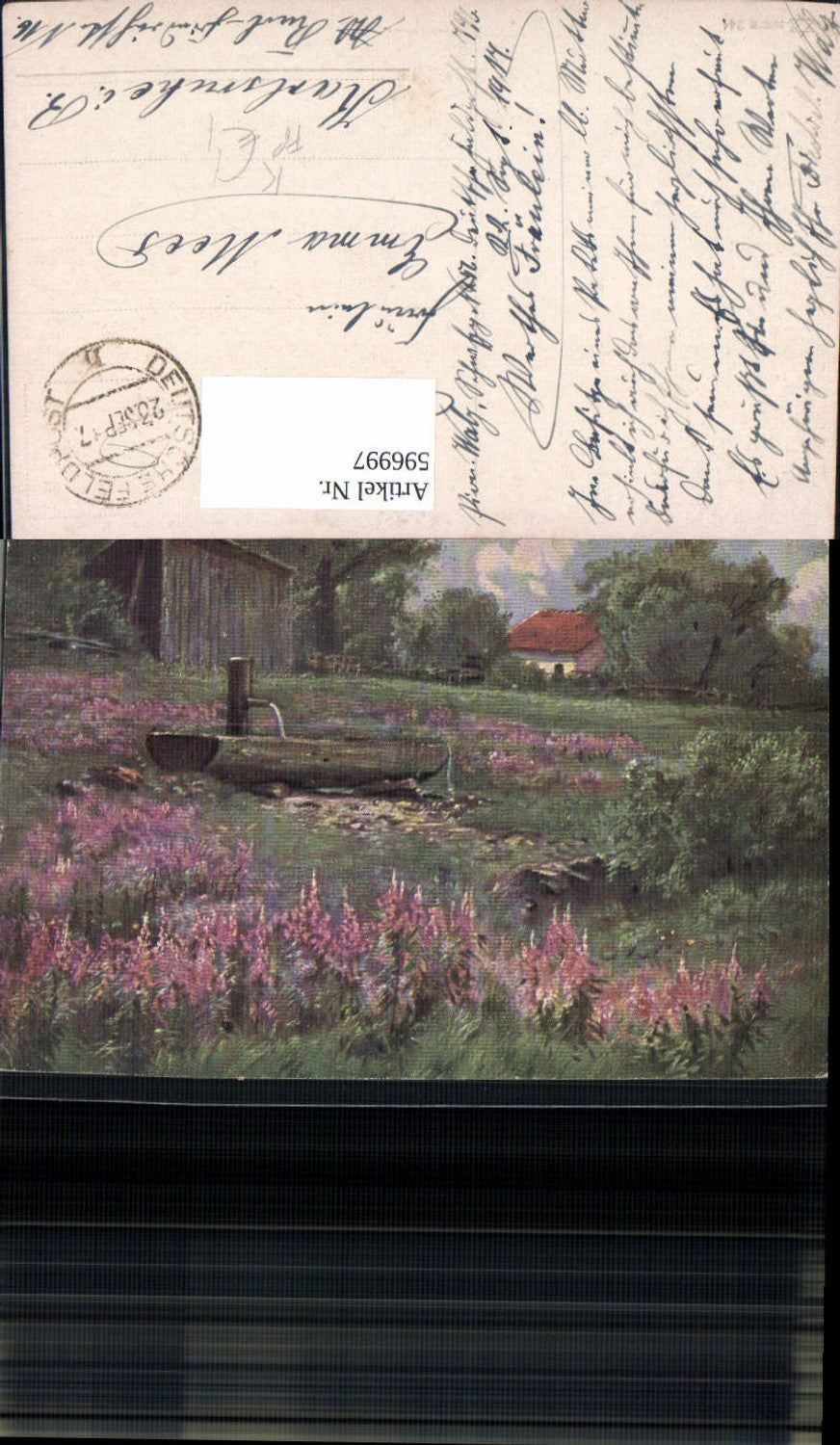596997,Künstler Ak Brunnen Blumenwiese Landschaft FP Deutsche FP