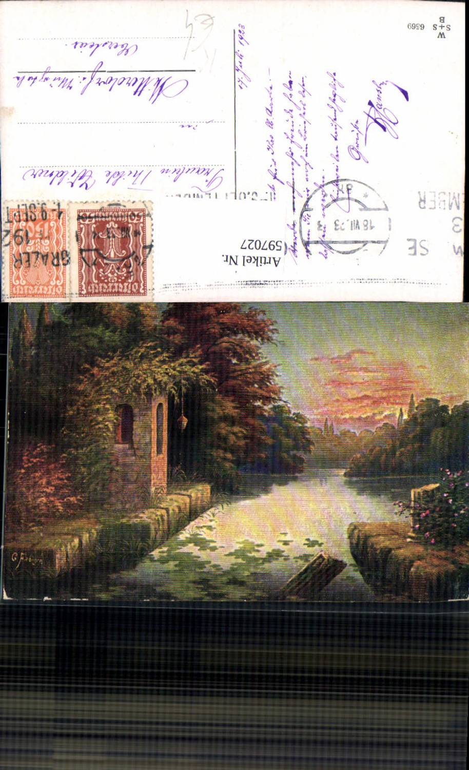 597027,Künstler Ak G. Fiebiger Ruine Laterne a. Ufer Landschaft