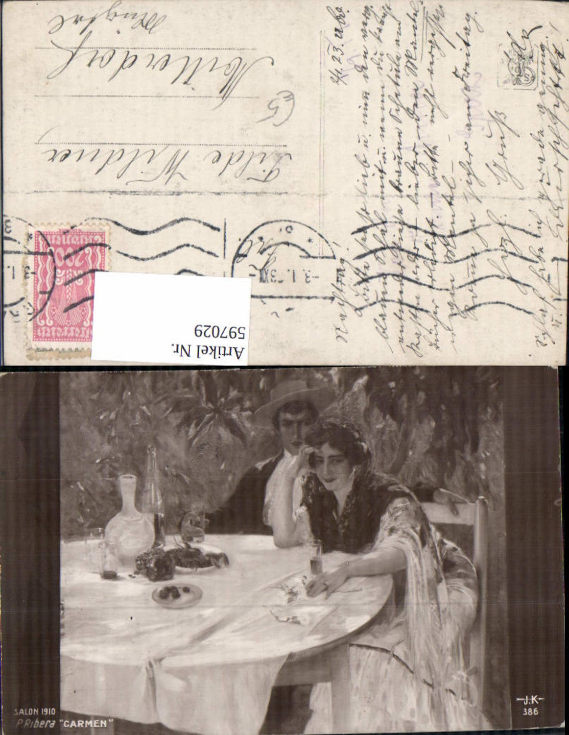 597029,Künstler Ak P. Ribera Carmen Paar Essen u. Trinken a. Tisch