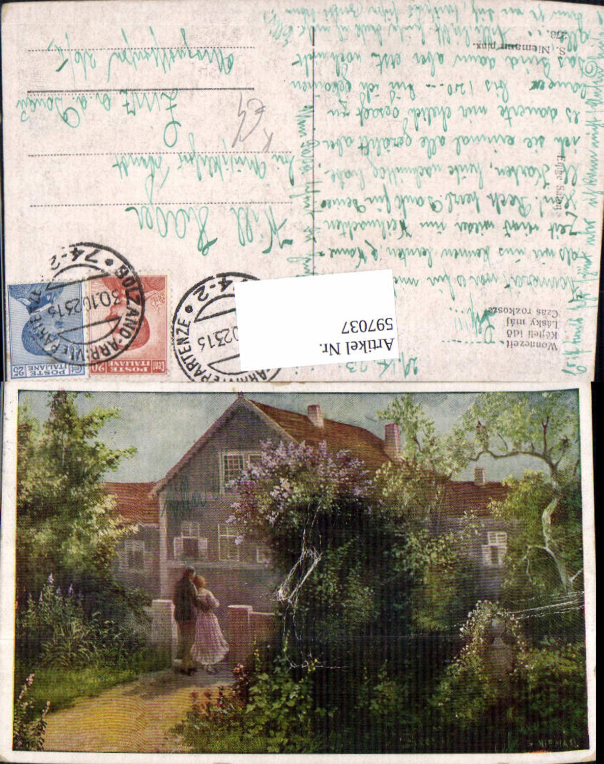 597037,Künstler Ak S. Niemann Wonnezeit Paar Liebe v. Haus