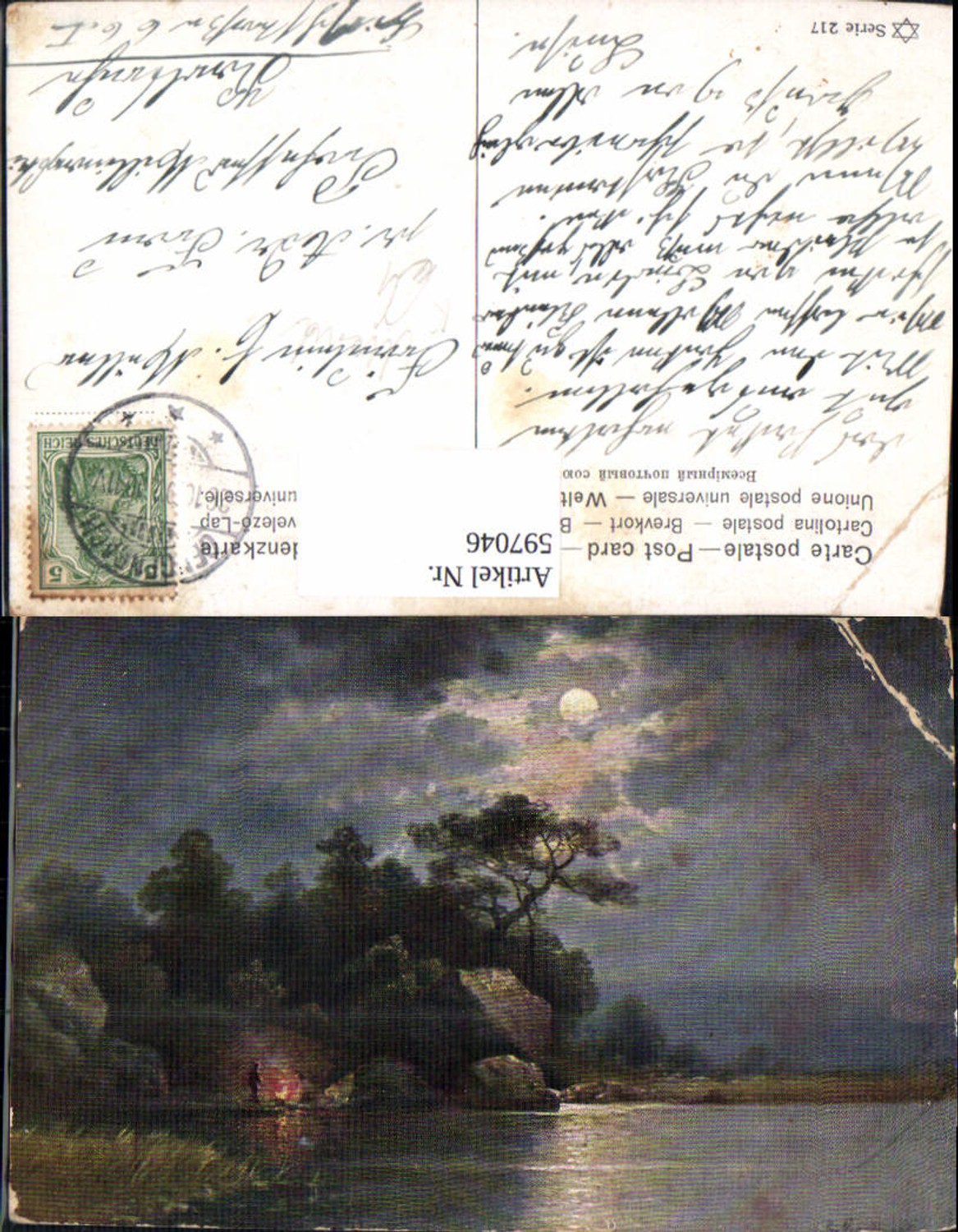 597046,Künstler Ak Mann Lagerfeuer a. Ufer See Landschaft b. Mondschein Mond