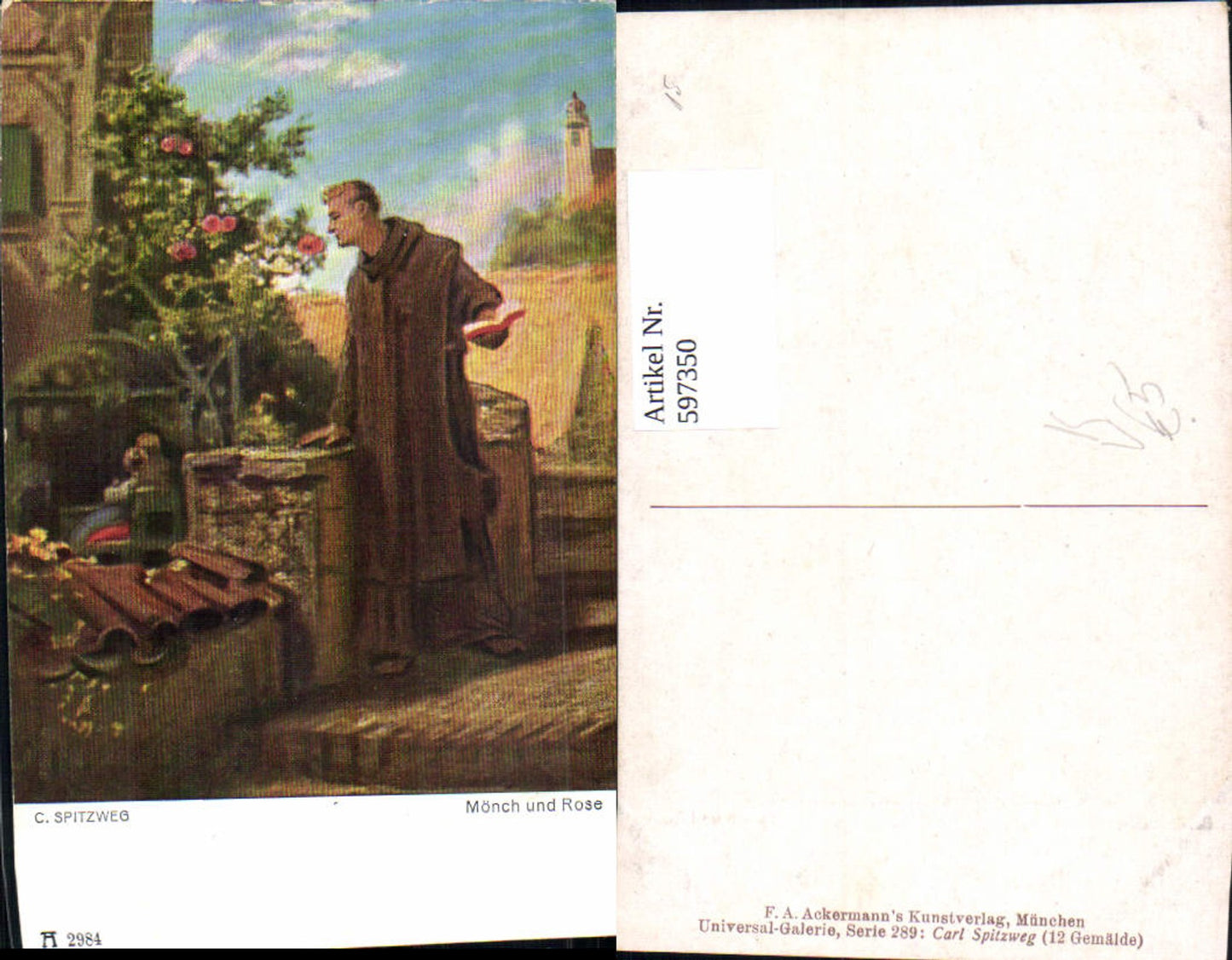 597350,Künstler Ak Carl Spitzweg Mönch u. Rose pub F. A. Ackermann 289/2984