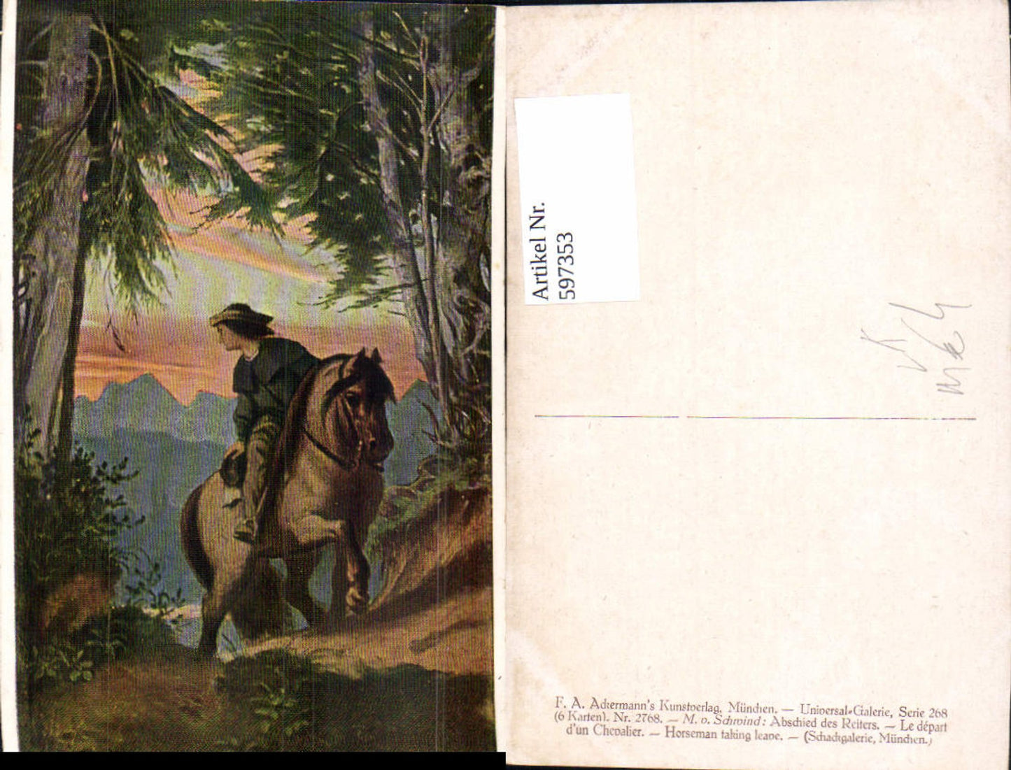 597353,Künstler Ak M. v. Schwind Abschied d. Reiters Pferd pub F. A. Ackermann 268/2768