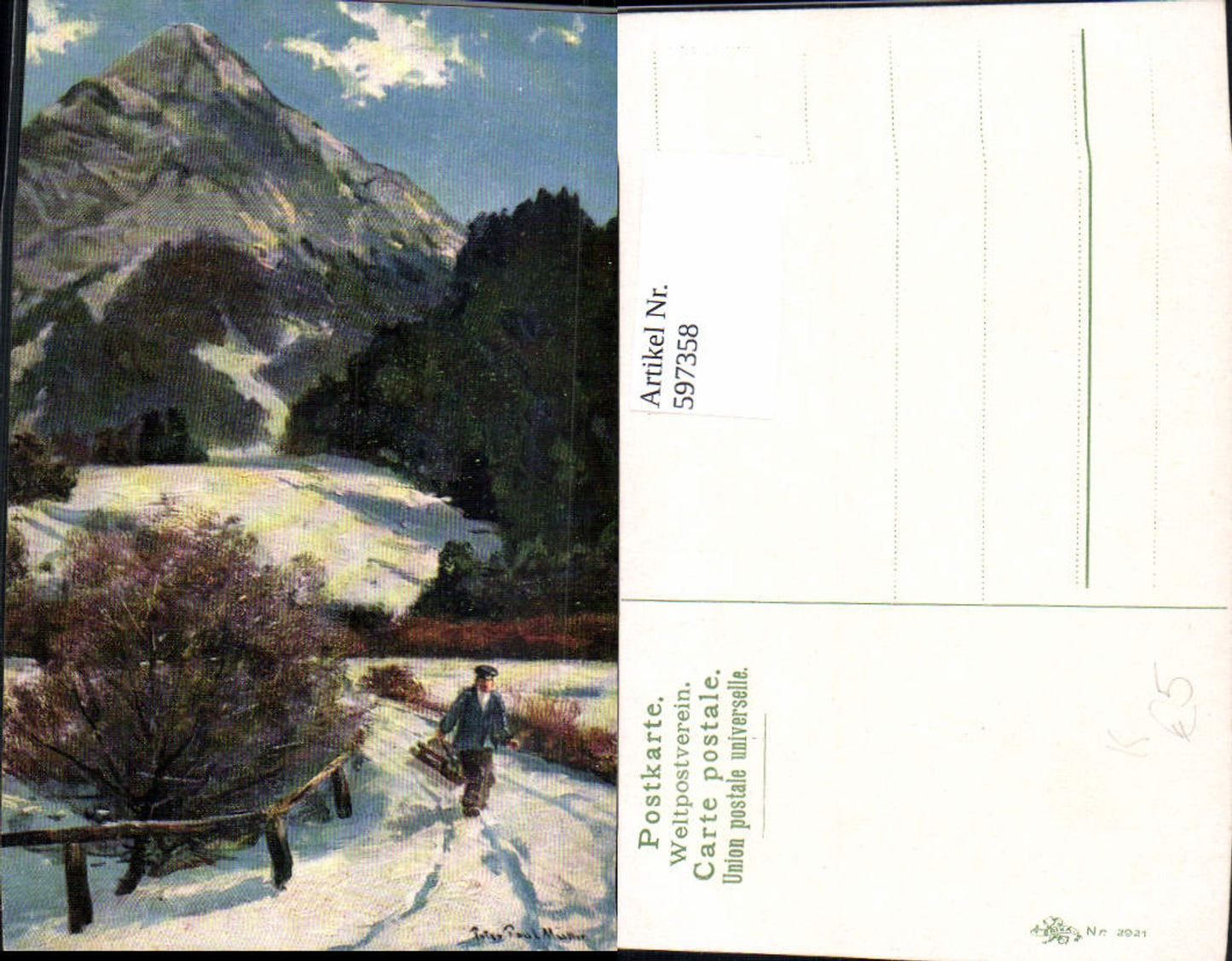 597358,Künstler Ak Peter Paul Müller Bauer Mann m. Schlitten Winterlandschaft