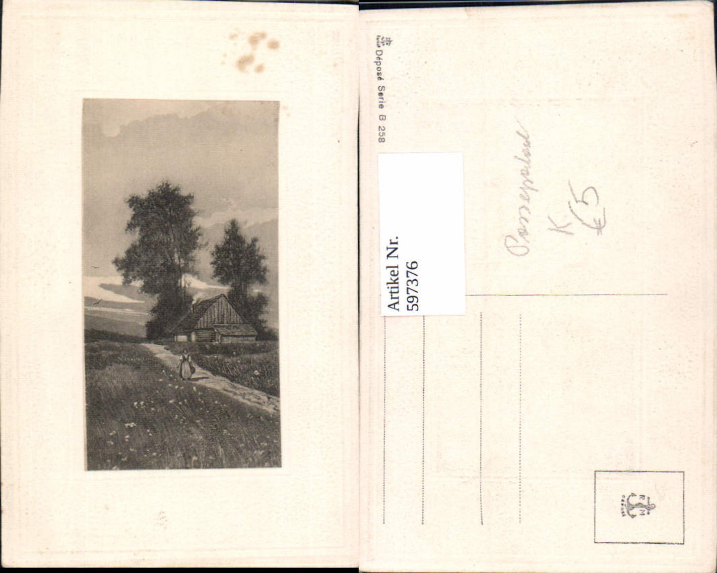 597376,Künstler Ak Frau Haus Hof Landschaft Passepartout