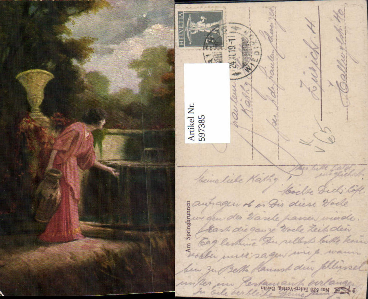 597385,Künstler Ak Am Springbrunnen Brunnen Frau pub Eulen Verlag 528