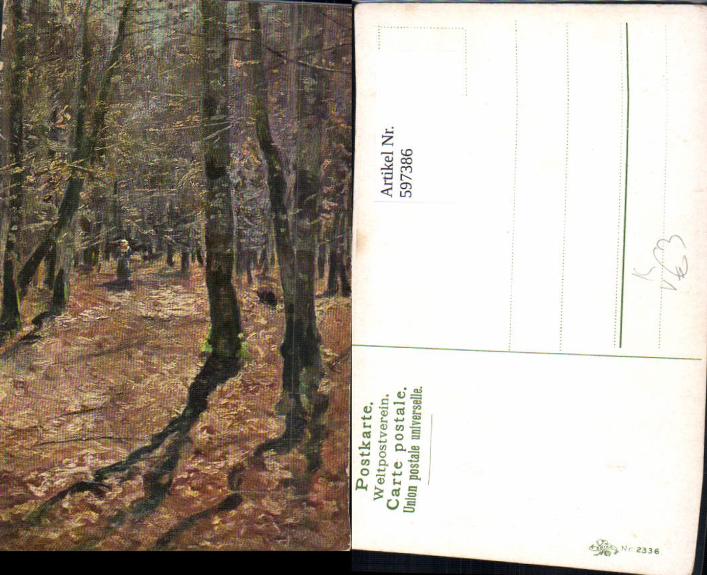 597386,Künstler Ak Frau Wald Landschaft pub Erika 2336