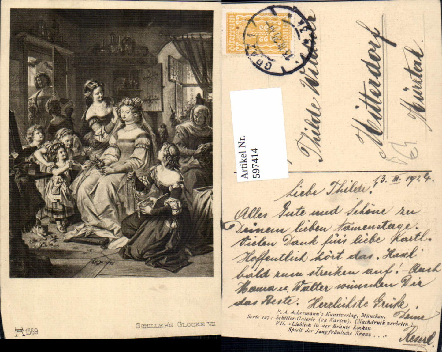 597414,Künstler Ak Schillers Glocke Lieglich i. d. Bräute Locken pub F. A. Ackermann 127/1569