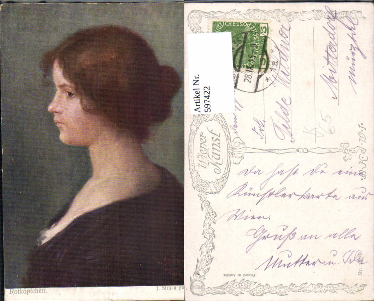 597422,Künstler Ak J. Straka Rotköpfchen Frau Portrait pub B.K.W.I. 1286