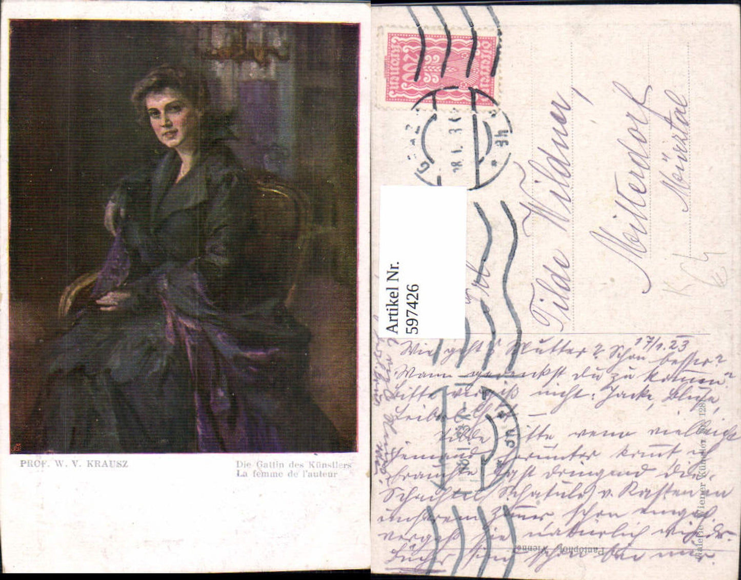 597426,Künstler Ak Prof. W. V. Krausz Die Gattin d. Künstlers Frau