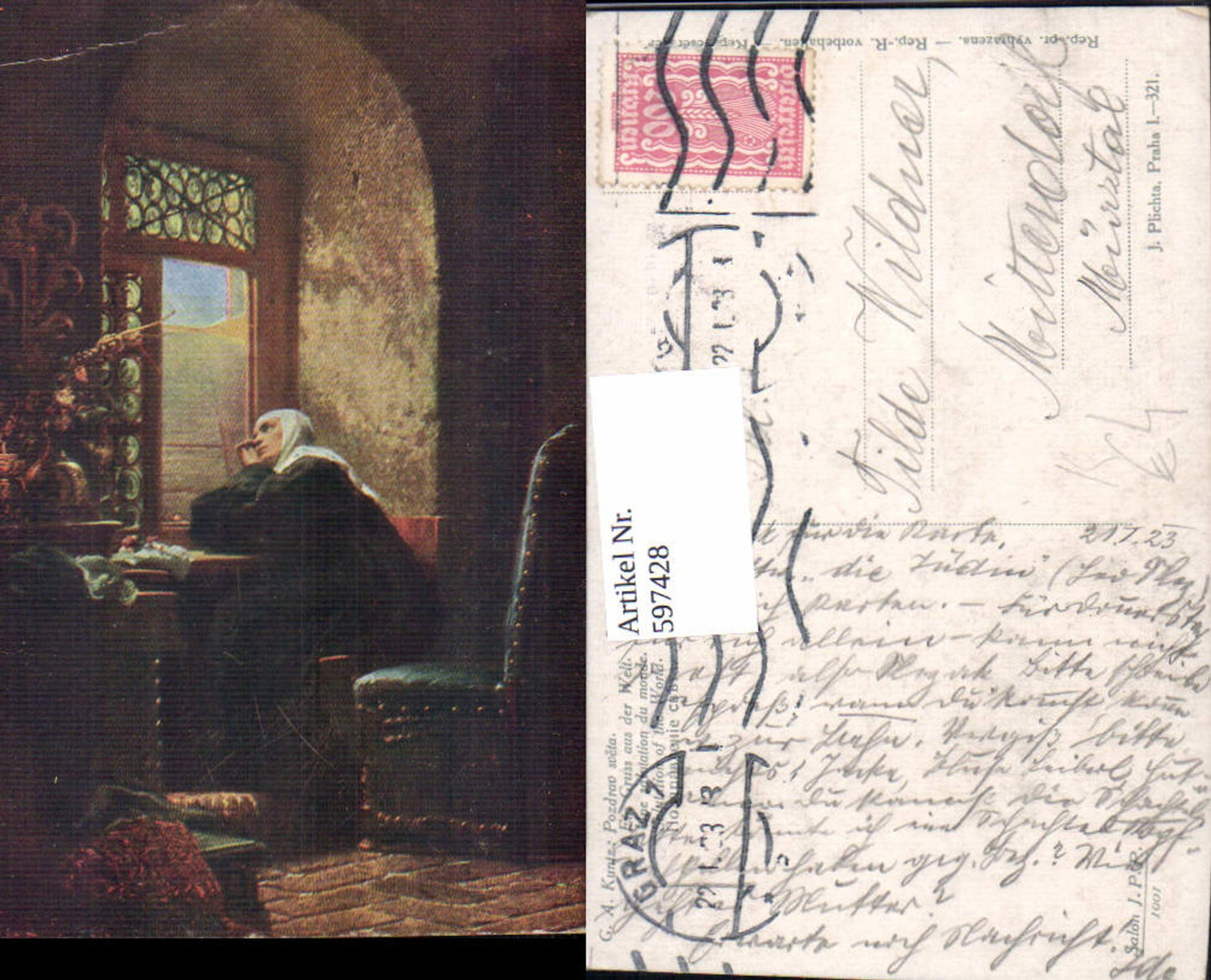 597428,Künstler Ak G. A. Kuntz Ein Gruß a. d. Welt Frau a. Fenster