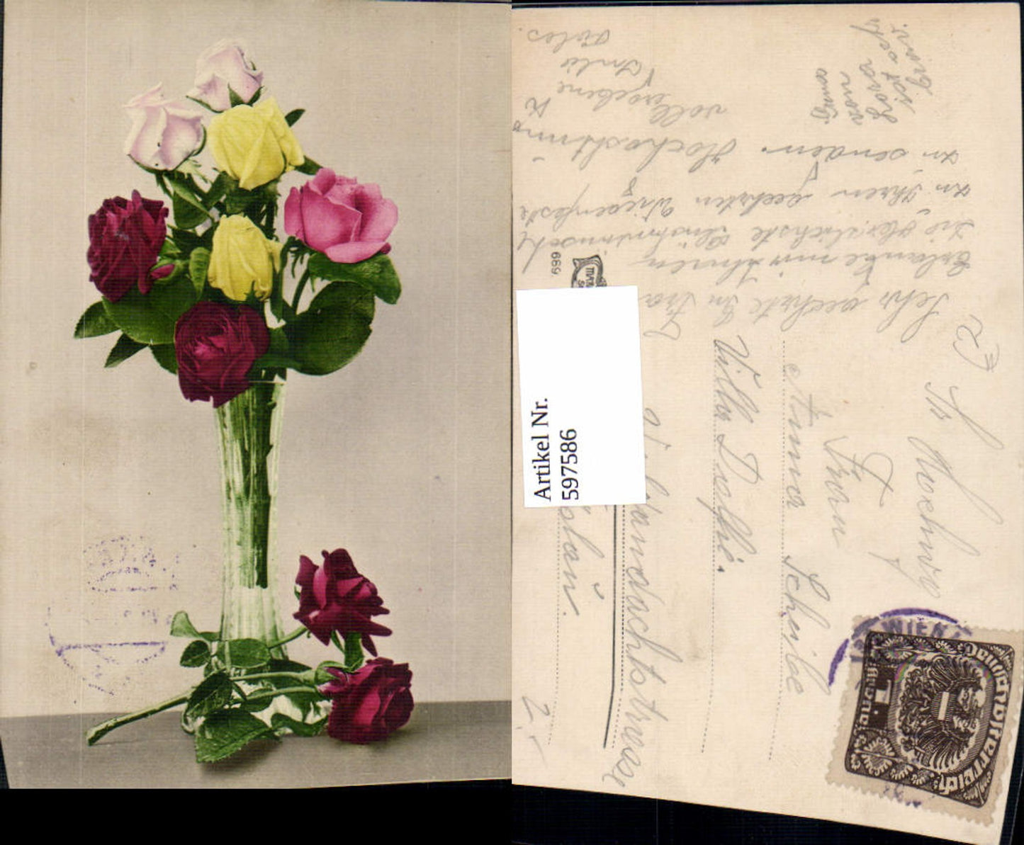 597586,Künstler Ak Vase m. Rosen Blumen
