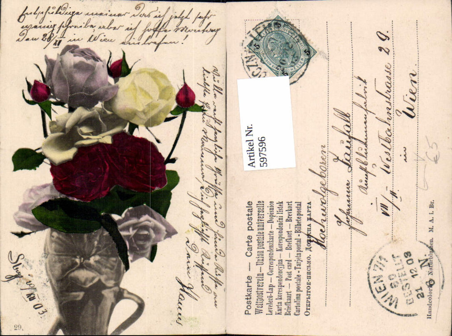 597596,Künstler Ak Vase m. Rosen pub Handcolorierte Naturblumen M. A. i. Br.