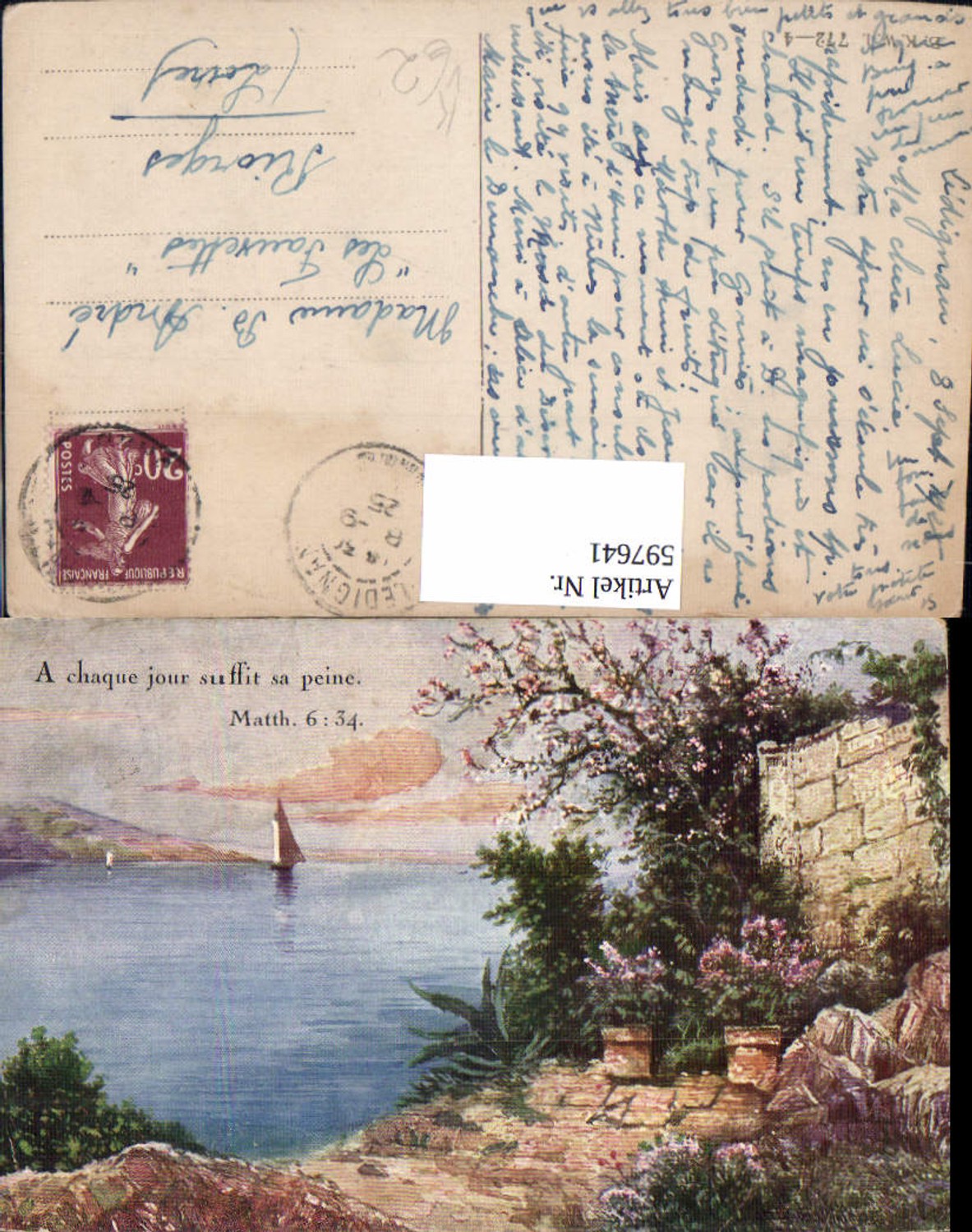 597641,Künstler Ak Segelboot Küste Landschaft Text Matth. 6.34 pub B.K.W.I. 772/4